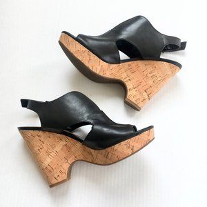 Black Leather Split V Vamp Cork Wedge Sandals 8.5